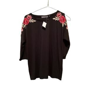 89th & Madison Blouse‎ Top Women's Size M Black Floral Long Cold Shoulder Sleeve